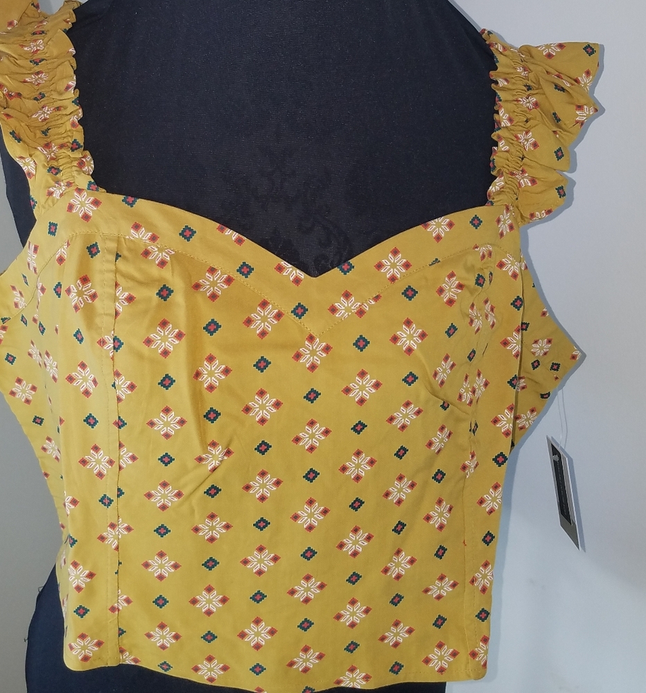 BP Tan Mustard Folard Dot Ruffle Strap Crop Top - Picture 3 of 11